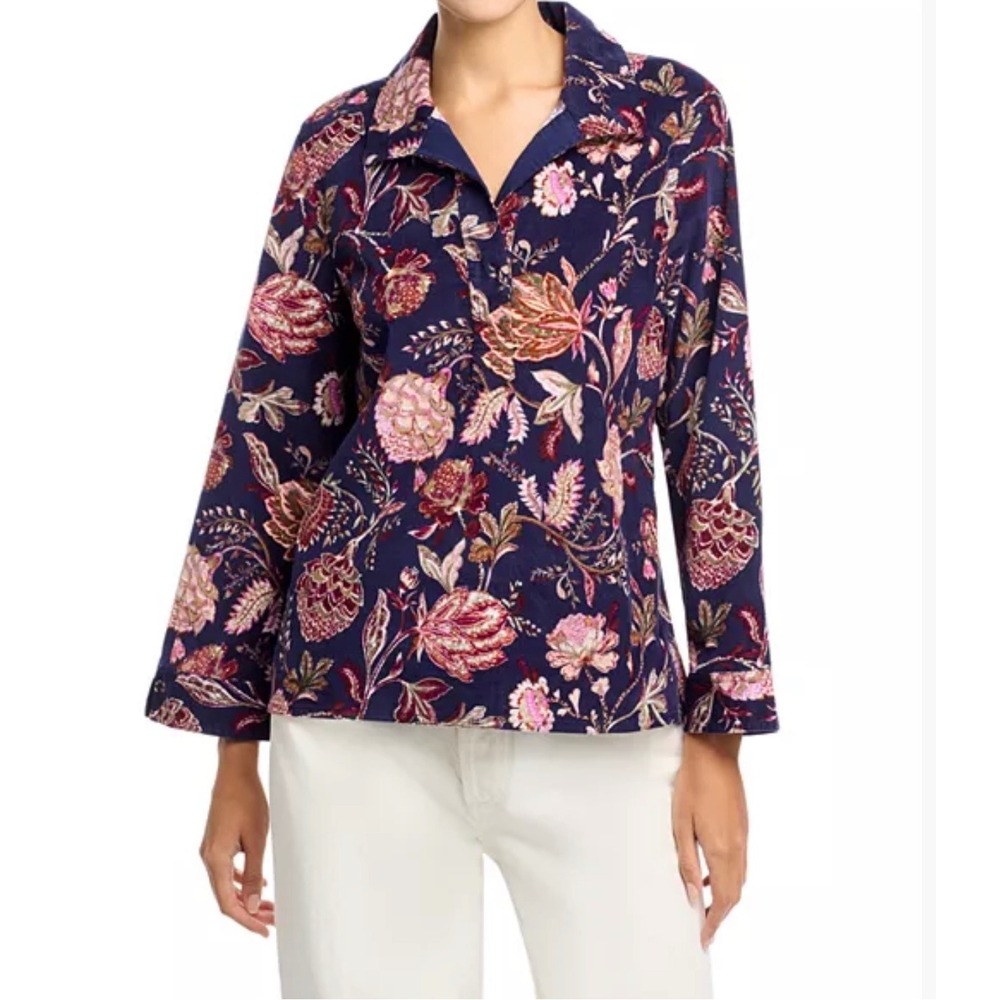 Tommy Bahama Exquisite Bloom Corduroy Popover Fall Floral Top Navy Preppy M